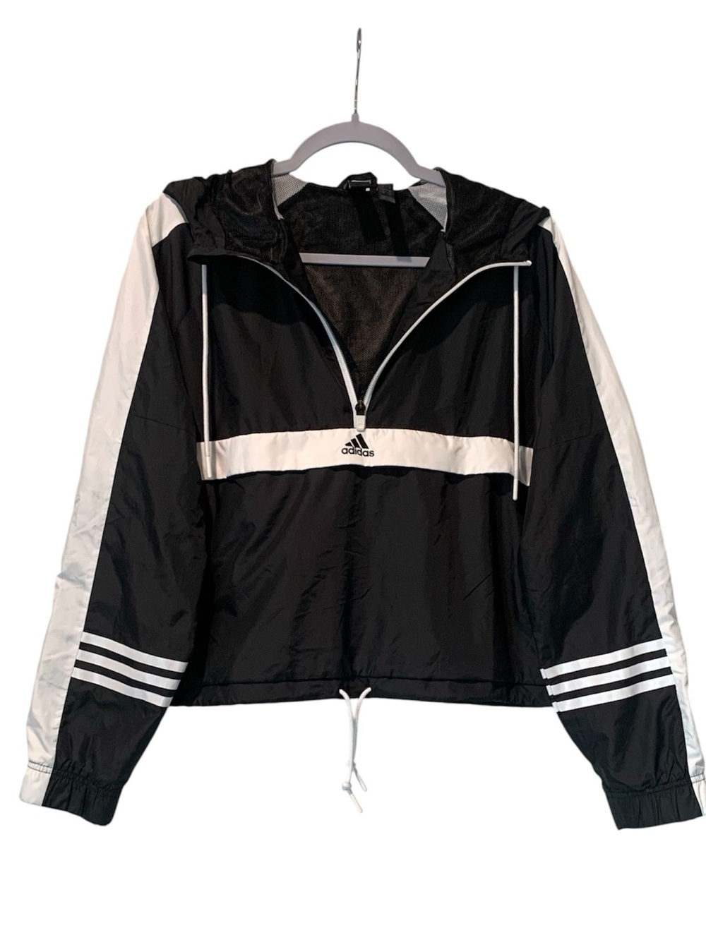 Adidas Women's ID Half-Zip Cropped Wind Jacket Black White Hoodie Large L